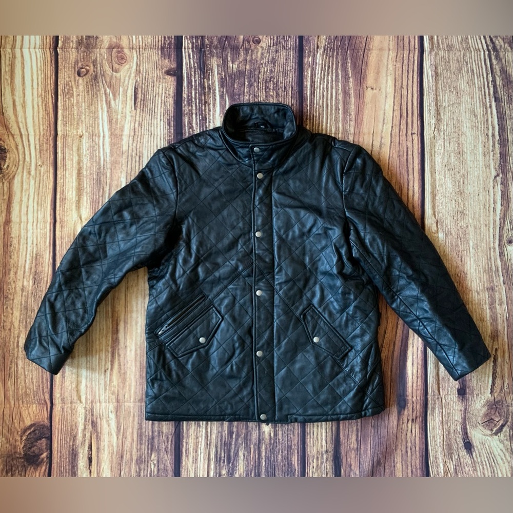 Smart Range Men's Long Sleeve Full Zip Button Black Leather Jacket 3XL